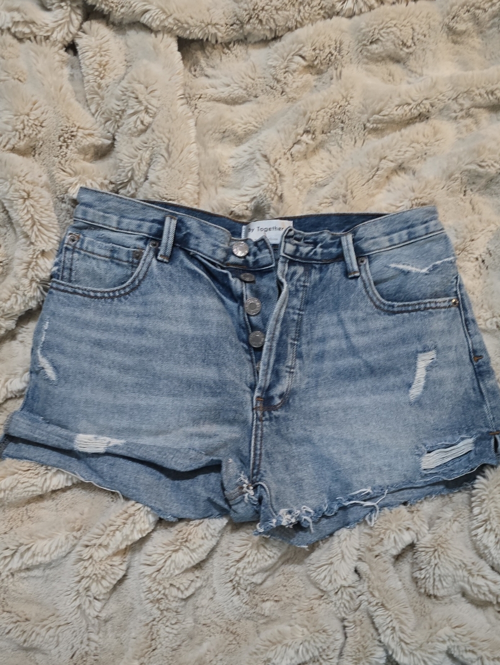 By Together Distressed Light Blue Denim Button-Front Shorts